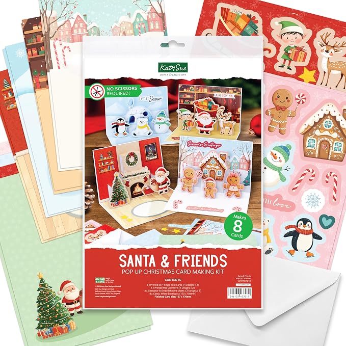 Katy Sue Santa & Friends Pop Up Christmas Card Making Kit. Makes Eight 5 x 7 Inch Christmas Cards. Kit Contains Cards, Pop Up Inserts, Envelopes, Instructions & Embellishments.