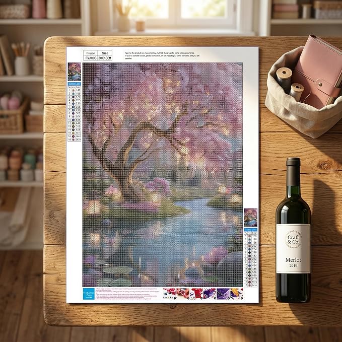 Cherry Blossom Tree Diamond Art Kit for Adults, Japanese Garden (12x16")