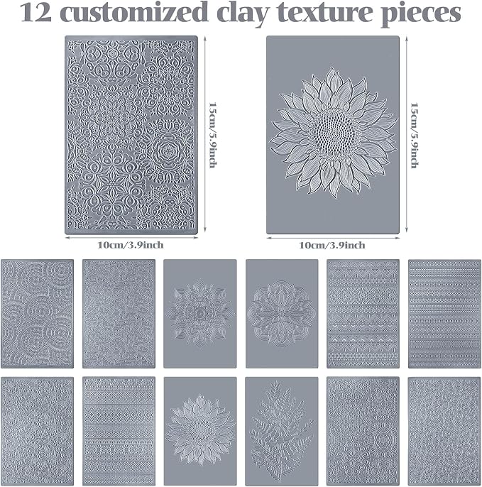 DoubleFill 12 Pcs Polymer Clay Texture Sheets Mat Works with Polymer Clay Cutter Embossin Roller DIY Tools for Pottery Earrings Jewelry Making DIY Craft Supply