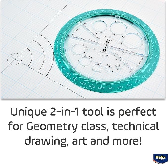 Helix Angle and Circle Maker with Integrated Circle Templates, 360 Degree, 6 Inch / 15cm, Assorted Colors (36002) | Integrated Templates - Geometry and Math Tool - Ideal School Supplies for Students - Precise Drafting and Drawing