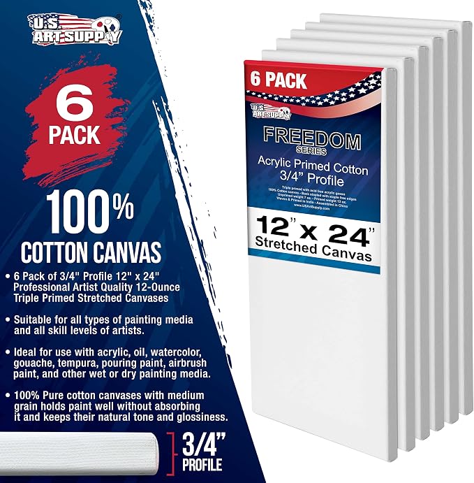 U.S. Art Supply 12"x24" Stretched Canvas for Painting, 3/4" Profile, 6-Pack