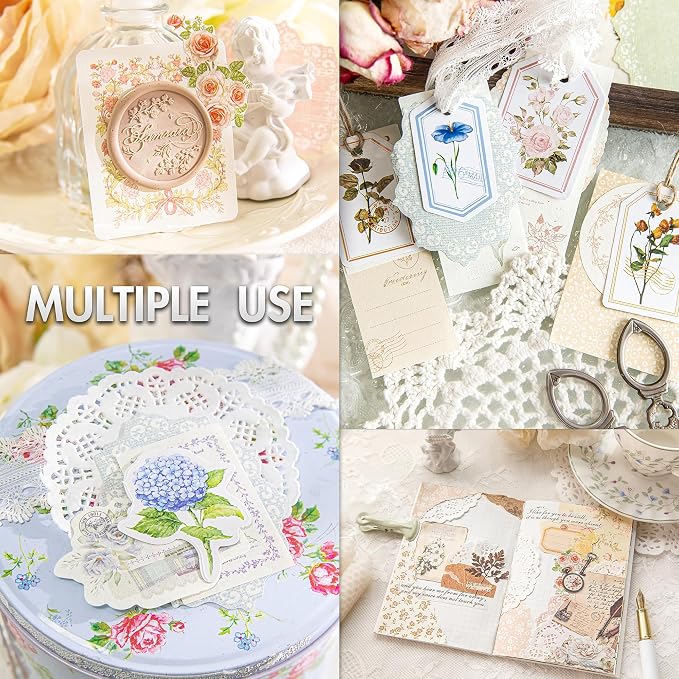 OKUPAN Vintage Floral Scrapbook Paper & Journaling Stickers (100pcs) Assorted Set (Pink) - Scrapbook Supplies Kit for Bullet Journaling, Retro Crafts, Planner, Mixed Media, Collage Card Album