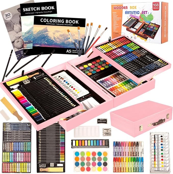 KINSPORY 168 Pack Wooden Art Set, Deluxe Painting Drawing Kit with 3 Coloring Books, Oil Pastels, Watercolor Paints, Art Crafts Supplies, Creative Gift for Beginners, Kids, Boys, Girls & Artists