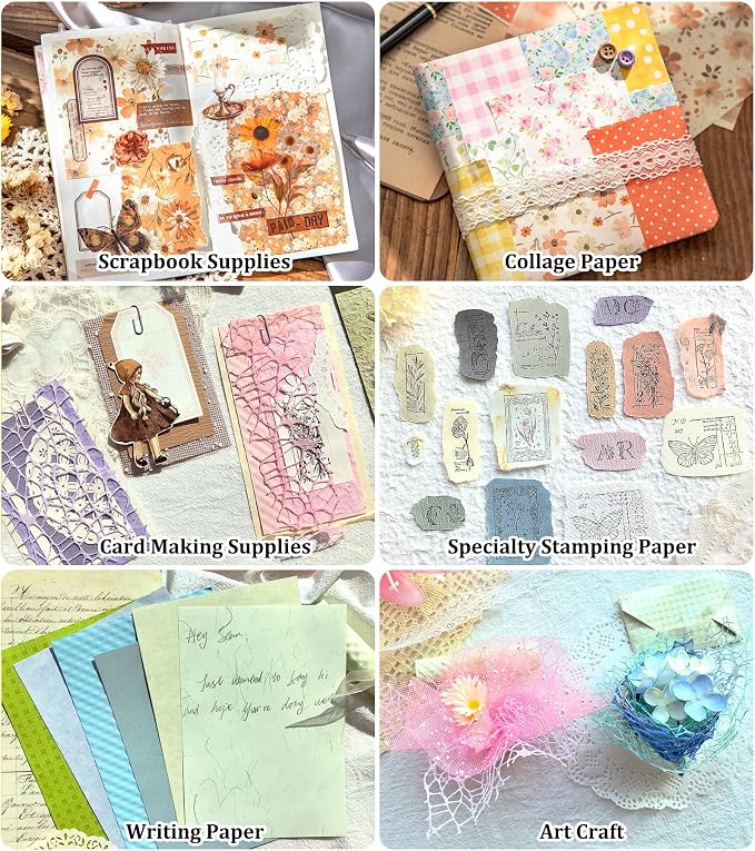 Flartmo Scrapbook Supplies Kit with 246 Sheets Textured & Floral Scrapbook Paper, 50 Pcs Flower Scrapbook Sticker & 3 Rolls Double-Sided Tape for Scrapbooking, Junk Journal, Card Making, Embellishment