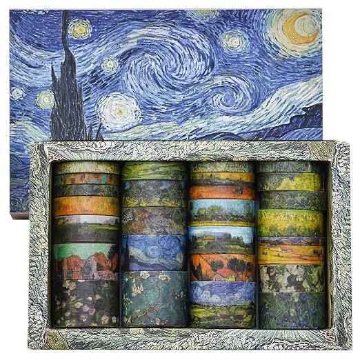 25 Rolls Starry Night Washi Tape Pack Van Gogh Oil Painting Arts Adhesive Tapes Gold Foil Decorative Masking Tape Sets for Craft, Kids, Scrapbook, DIY, Gift Wrapping