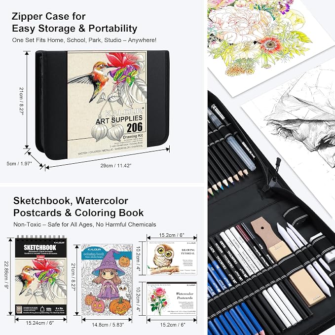 KALOUR 206 Drawing Set Sketching Kit,Art Supplies with 3-color Sketchbook & Coloring Paper,Include Tutorial, Colored, Graphite, Charcoal, Watercolor & Metallic Pencil,for Artists Adults Teens Beginner