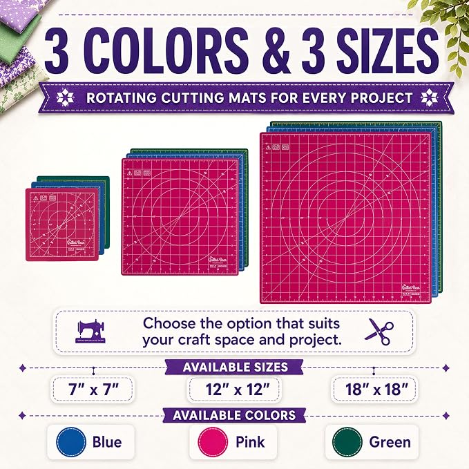 The Quilted Bear Rotating Cutting Mat 18" x 18" - Square 360° Rotating Self Healing Mat with Innovative Locking Mechanism for Quilting & Sewing Your Choice of Colours Available! (Pink)