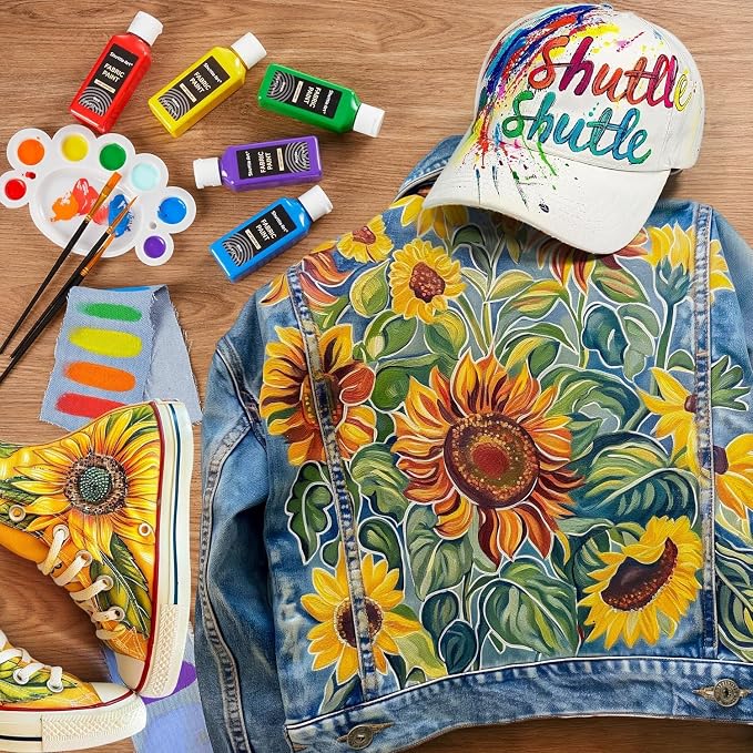 Shuttle Art Fabric Paint 24 Colors Permanent Soft Fabric Paint in Bottles (60ml/2oz) with Brushes &Stencils, Non-Toxic Textile Paint for T-Shirts, Shoes, Jeans, Bags, DIY Projects & Crafts