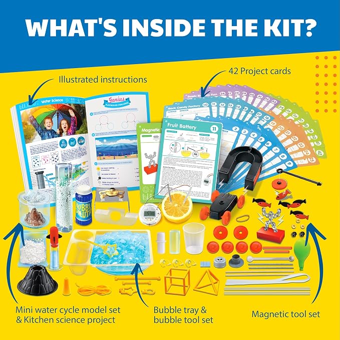 4M Scientific Discovery Kit for Kids Ages 8-12 – Over 50 STEM Experiments in Physics, Chemistry, Magnetism & Bubble Science, Build a Lemon Clock, Volcano, Magnetic Racer, Hover Disc, Educational Gift