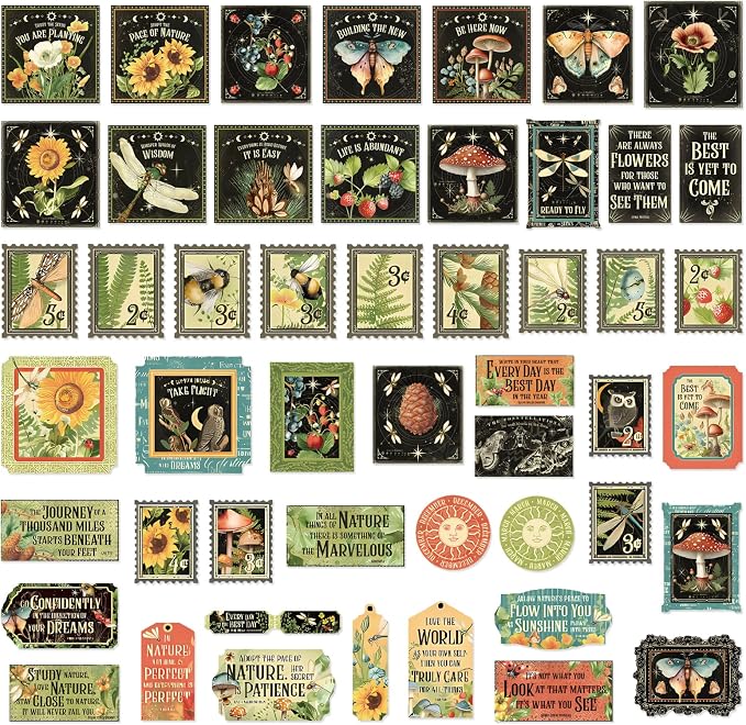 Bomichi 100 Pcs Postage Stamp Stickers, Aesthetic Insect Plants Decorative Stickers for Scrapbooking Bullet Journaling Planners DIY Calendars Notebook Junk Journal