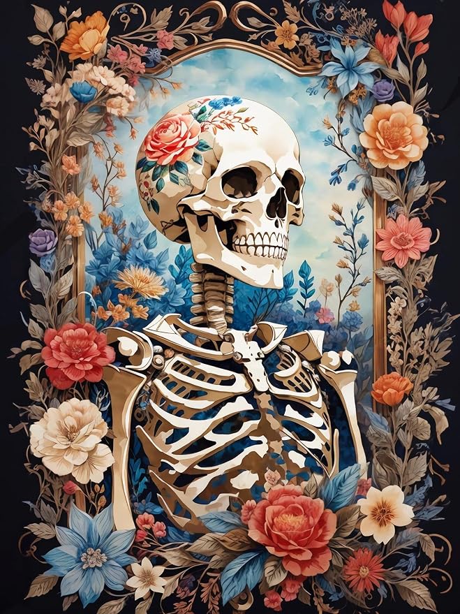 Diamond Art Kits for Adults Skull Flower Diamond Painting Kit 12x16in | 5D Skeleton Diamond Art Painting Kit for Adult, DIY Full Round Drill Skull Gem Art Diamond Dots Kits for Home Wall Decor Gift