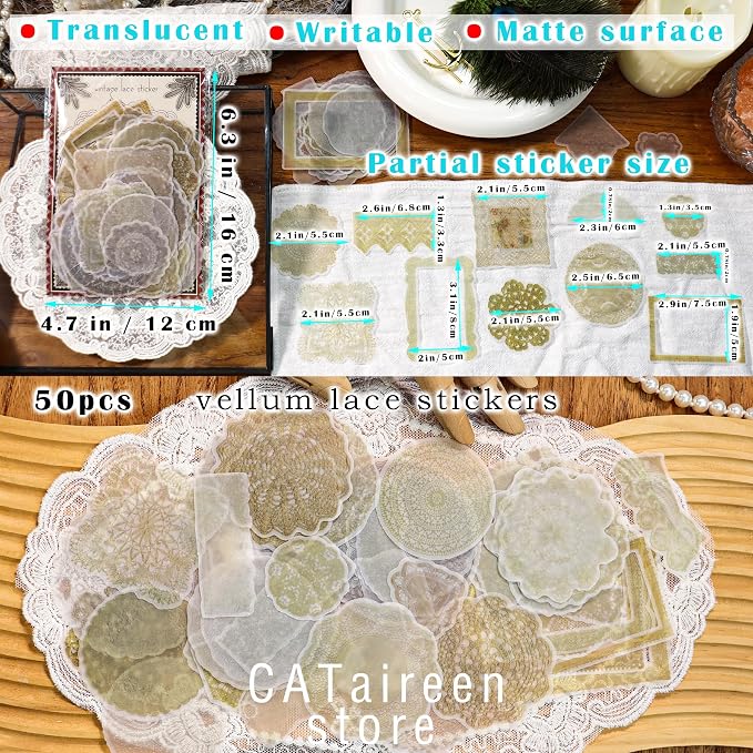 CATaireen Vintage Junk Journal Ephemera Scrapbooking Supplies Translucent Vellum Paper Stickers Card Making Decal Art Aesthetic for Adults (Ephemera Lace -1)