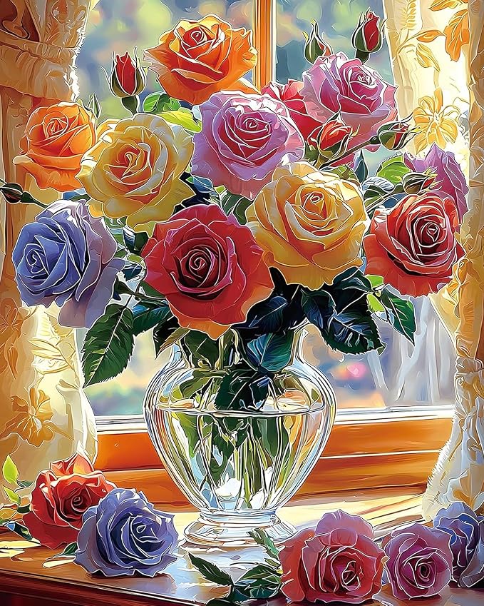 Paint by Numbers Kit for Adults, Colorful Rose Paint by Numbers Kits | Beautiful Flowers Adult Paint by Number Kits on Canvas Easy Paint by Numbers kits for Home Wall Decoration 16 X 20 inch