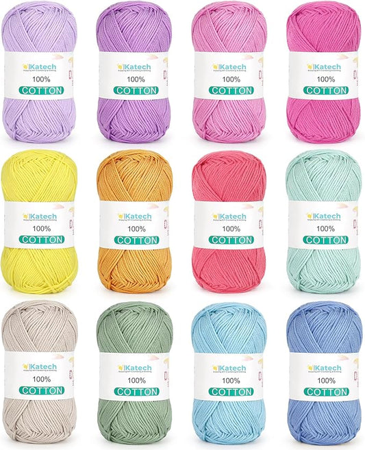 Katech 1OO% Cotton Yarn for Crocheting & Knitting–Baby Cotton Yarn (D) | 12-Color of 137 Yards/1.76 oz Sport Weight CYC #2-Soft & Breathable-Ideal for Dishcloths, Baby Clothes, Potholders & Crafts