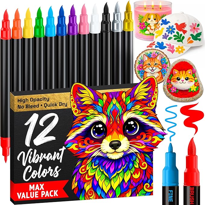 ARTISTRO 12 Dual-Tip Acrylic Paint Marker Pens for Drawing | For Fabric, Rock, Glass, Wood, & Molds, Arts & Crafts Gift for Adults, Teens, & Kids, Classroom Must Haves & School Supplies