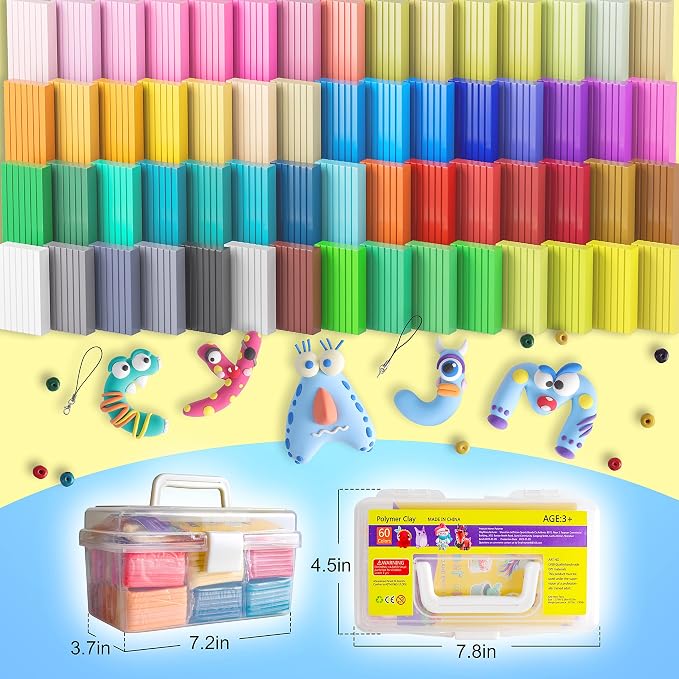 Cyajm 60 Colors Oven Bake Clay Kit, Individually Wrapped | For kids jewelry making, home art. Easy to shape and bake