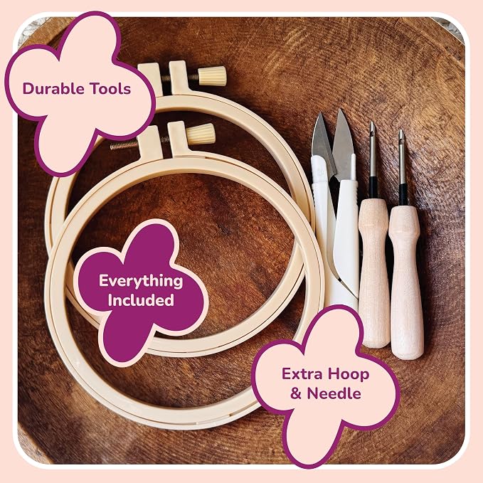 Panellomi Flower Punch Needle Kit for Beginners DIY Punchneedle Embroidery Starter Kit with Yarn, Fabric, Needle Punch Tool, Scissors, and Instructions for 6 Easy Craft Floral Design Coasters