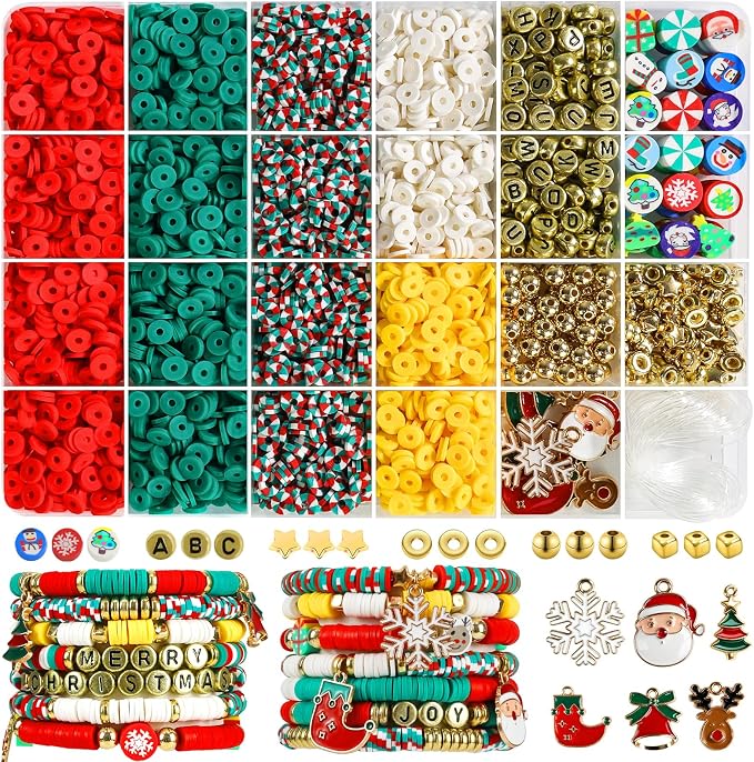 Redtwo Christmas Clay Beads Bracelet Making kit | 3000 Pcs Clay Beads Christmas Crafts Decorations Charms for Jewelry Making, Gifts for Teen Girls Age 6-12