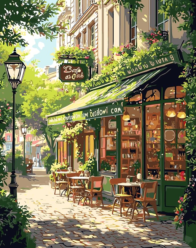 Mrnsiet Paint by Numbers Kit for Adults, Easy Street Cafe Adult Paint by Number Kits on Canvas, Spring Scene DIY Acrylic Oil Number Painting Kits for Home Wall Decor Gift 16x20 Inch