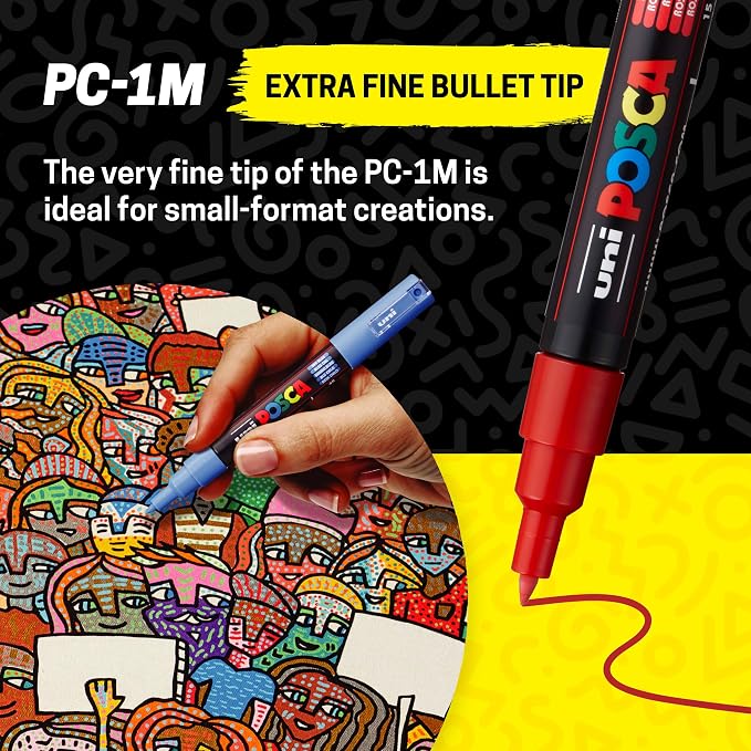 uni Posca Acrylic Paint Art Markers, Set of 12 Extra Fine Point Thin Paint Pens for Coloring Gifts, Fabric, Metal, Glass, Rocks, Wood and Canvas, Assorted Colors, PC1M12C