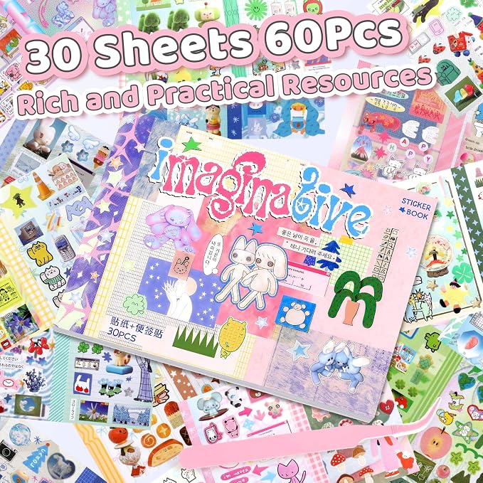 Tmtains 30 Sheets Kawaii Japanese Sticker Book Manga Books Style Writable Note Sticker Glitter Sand Aesthetic Japanese Korean Stickers Book for Adults Scrapbooking Notebook Supplies (Wonderful Ideas)
