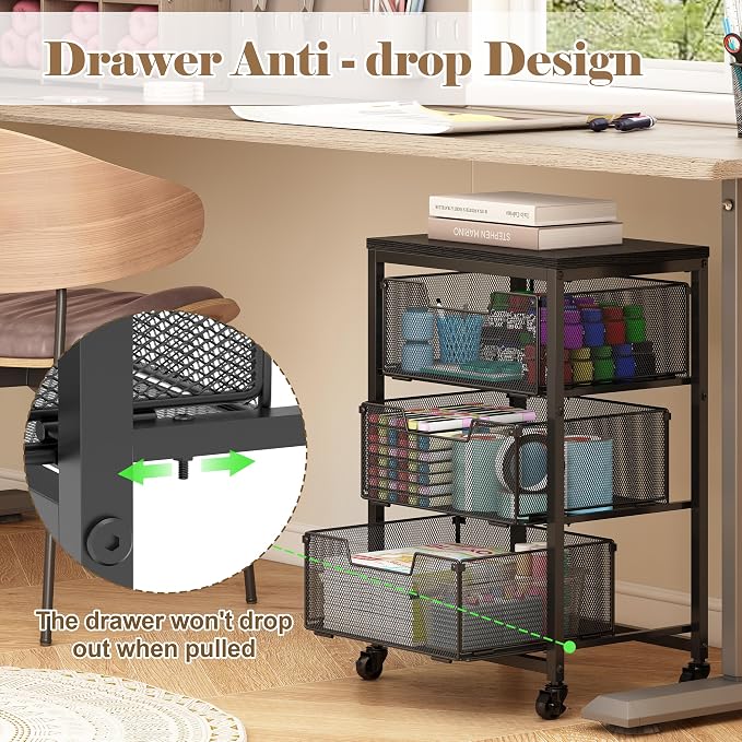 Under Desk Storage Cart with Lockable Wheels, 3-Drawer Rolling Storage Cart, Metal Utility Cart with Drawers for Art, Cart, Classroom, Office, Kitchen, Bedroom, Dorm Storage Under Bed