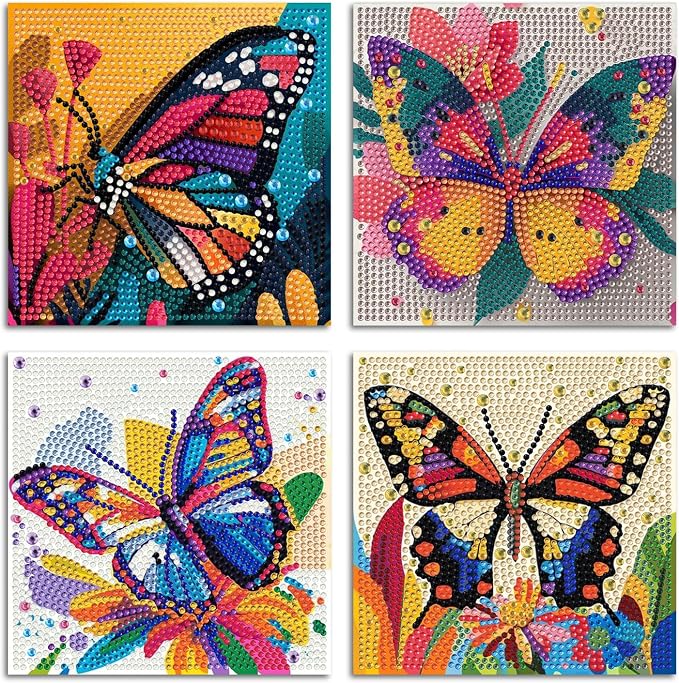 ICYANART 4 Pack Butterfly Diamond Art Painting Kits for Kids 6x6 Inch | Butterfly Diamond Art Kits for Kids Ages 6-8-12, Small Diamond Art Kits for Kids, Easy Art and Craft for Kids (no Frame)