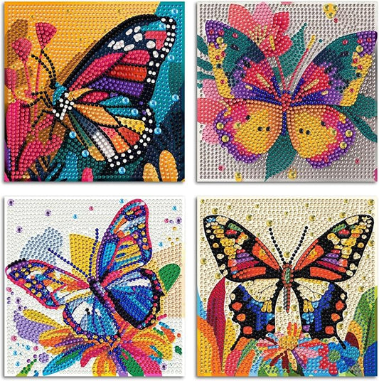 ICYANART 4 Pack Butterfly Diamond Art Painting Kits for Kids 6x6 Inch | Butterfly Diamond Art Kits for Kids Ages 6-8-12, Small Diamond Art Kits for Kids, Easy Art and Craft for Kids (no Frame)