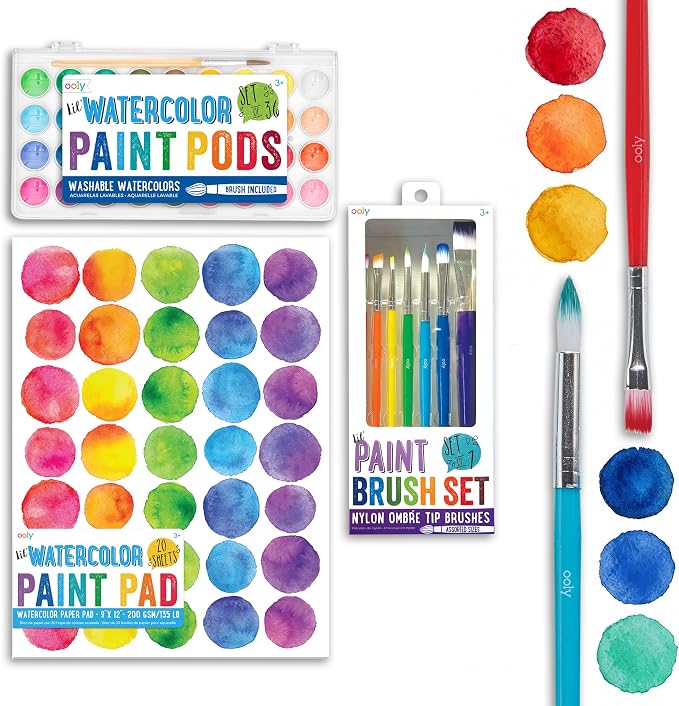 Ooly Lil' Watercolor Complete Bundle, 36 Color Pods & 7 Brushes | Ages 3+, 36 Color Pods, 7 Easy-Dry Brushes, 20 Sheets of 200 GSM Paper, Complete Watercolor Set for Kids and Children