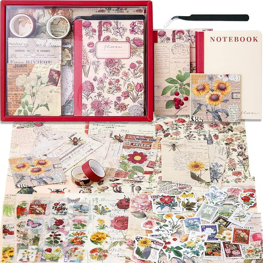emmoolife Vintage Aesthetic Scrapbooking Supplies Kit, Flowers Botanical Bullet Junk Journal Kit with Journaling Supplies, Tweezers, A6 Grid Notebook,Stationery,Sticker, Birthday Craft Gift for Adult