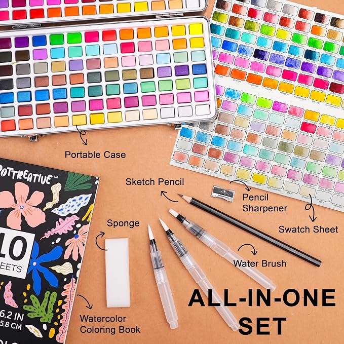 168 Colors Watercolor Paint Set - Vibrant Pigments in Portable Metal Case with 3 Brushes, Non-Toxic Travel-Friendly Painting Kit for Professional Artists/Students/Beginners