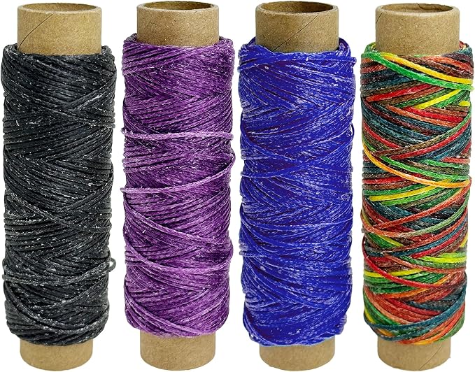 4 PCS Leather Sewing Waxed Thread, Each of 33 Yards 150D Sewing Thread Cord for Leather Craft DIY Supplies, Shoes Repairing, Black, Multi-Colors, Dark Purple, Blue