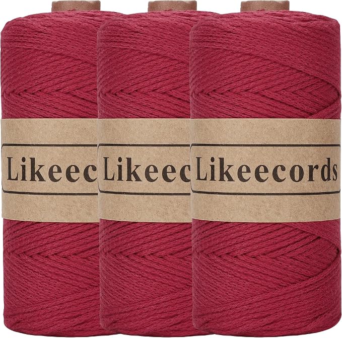 Likeecords 100% Cotton Crochet Yarn for Bag,3 Rolls/Pack 2mm x 510m,Macrame Cord,Chunky Yarn for Crocheting Handbag, Purse,Blankets Crafts Projects (Wine red)