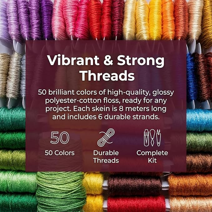 Huacan Embroidery Floss Kit with Storage Box 50 Colors Stitching Threads Sewing Kits 67 Pcs DIY Cross Stitch Accessories Set for Adults Beginner