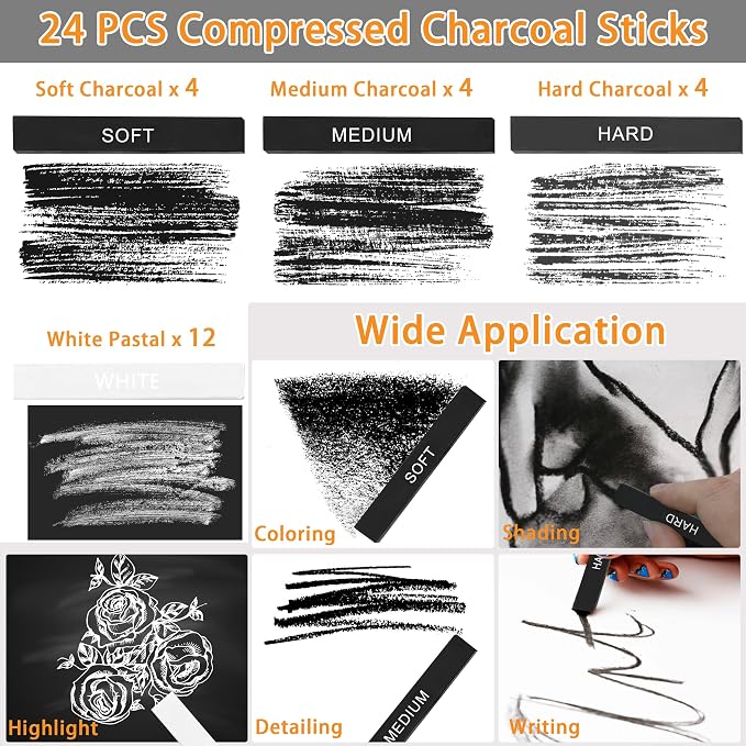 24 Pcs Compressed Charcoal Sticks with Soft, Medium, Hard and White Charcoal, Square Charcoal Stick Kit for Drawing, Sketching and Shading (12 Black and 12 White)