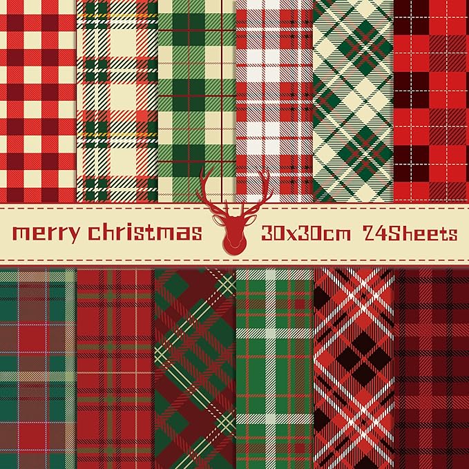 Christmas Scrapbook Paper Merry Christmas Patterned Paper 12×12 , 24 Sheets Double-Sided Red Green Decorative Craft Journaling Papers for Holiday Cardmaking DIY Origami Craft Papers.