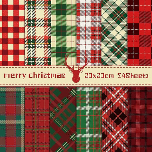 Christmas Scrapbook Paper Merry Christmas Patterned Paper 12×12 , 24 Sheets Double-Sided Red Green Decorative Craft Journaling Papers for Holiday Cardmaking DIY Origami Craft Papers.