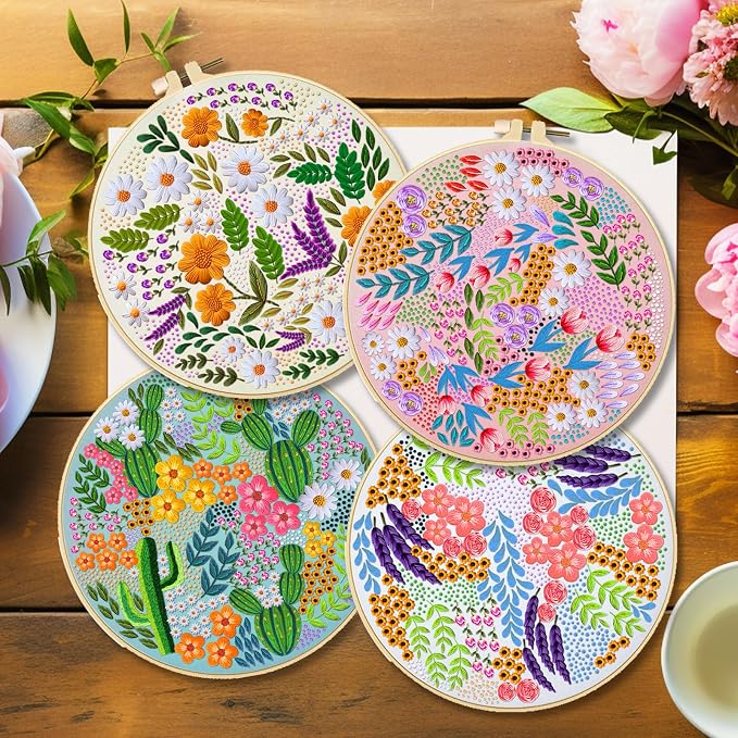 BEUNITONE 4 Set Covered Flower Embroidery Kit for Beginners 7.9"x7.9" | DIY Complete Needlepoint Kits for Adults, Cross Stitch Starter Kit with Hoops, Handmade Needlework for Gifts and Home Decor