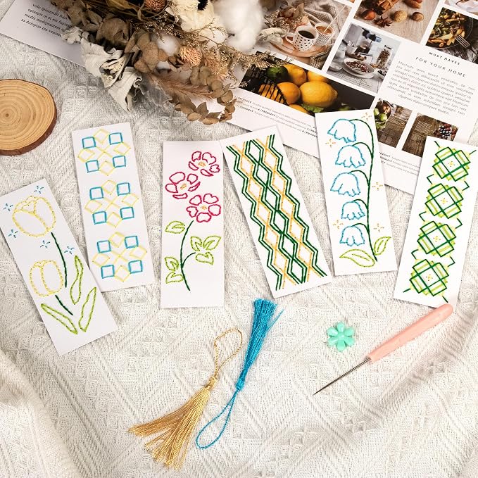 SWATOM DIY Bookmarks Embroidery Kits for Adults Make Your Own Personalized Embroidered Cardstock Bookmark Making Kit for Beginners Classroom Projects