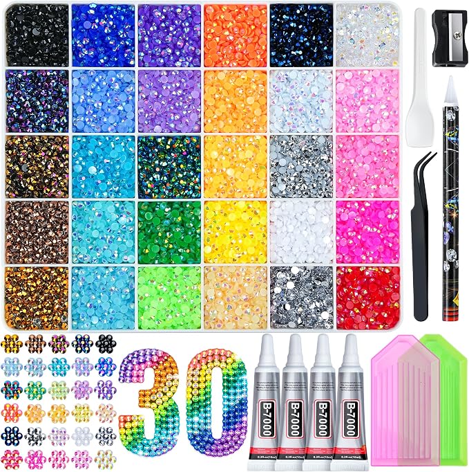 40000 Pcs Resin Jelly Rhinestones Kit, 30 Colors 3mm Flatback Rhinestones with 4 Pcs B7000 Jewelry Glue & Tools, All-in-One Bedazzling Kit for DIY Arts & Crafts Gifts
