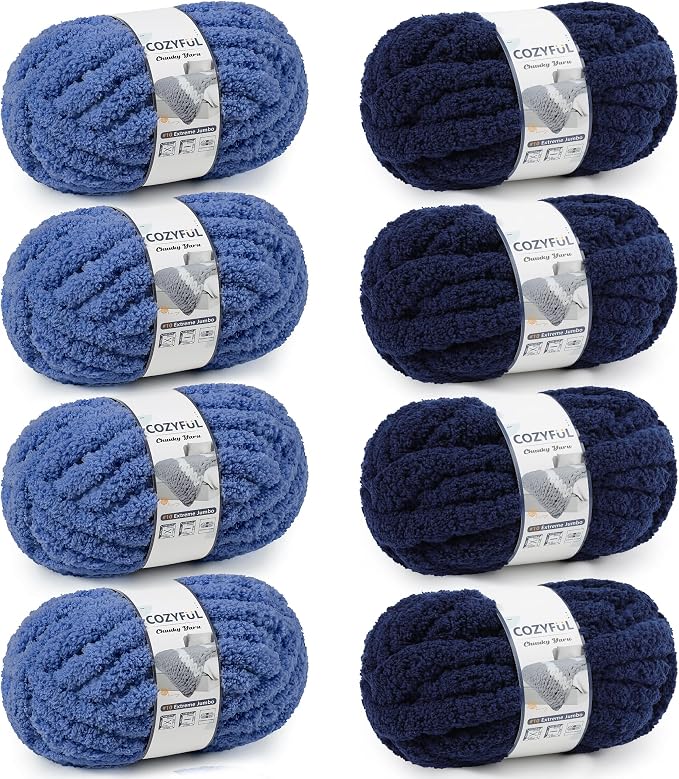 Cozyful Chunky Yarn for Hand Knitting - #10 Chunky Chenille Yarn, Jumbo Big Thick Chunky Yarns for Crocheting, Super Bulky Chunky Knit Blanket Yarns, 8 Skein (22yd, 8oz/Skein), Country & Navy