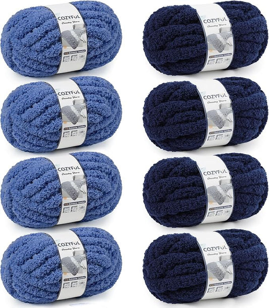 Cozyful Chunky Yarn for Hand Knitting - #10 Chunky Chenille Yarn, Jumbo Big Thick Chunky Yarns for Crocheting, Super Bulky Chunky Knit Blanket Yarns, 8 Skein (22yd, 8oz/Skein), Country & Navy