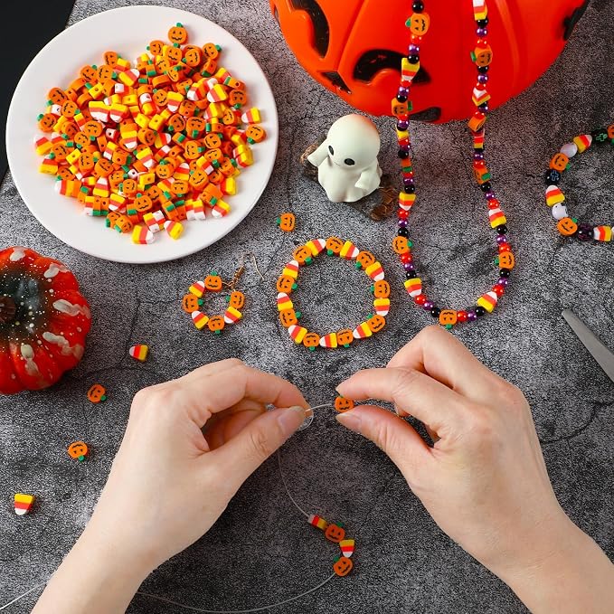 Augshy 300Pcs Halloween Polymer Clay Beads Pumpkin Candy Corn Shaped Beads