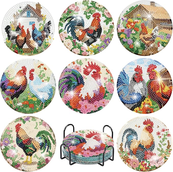 askkqtx 8 Pcs Chicken Diamond Art Coasters Kits with Holder 4X4 Inch