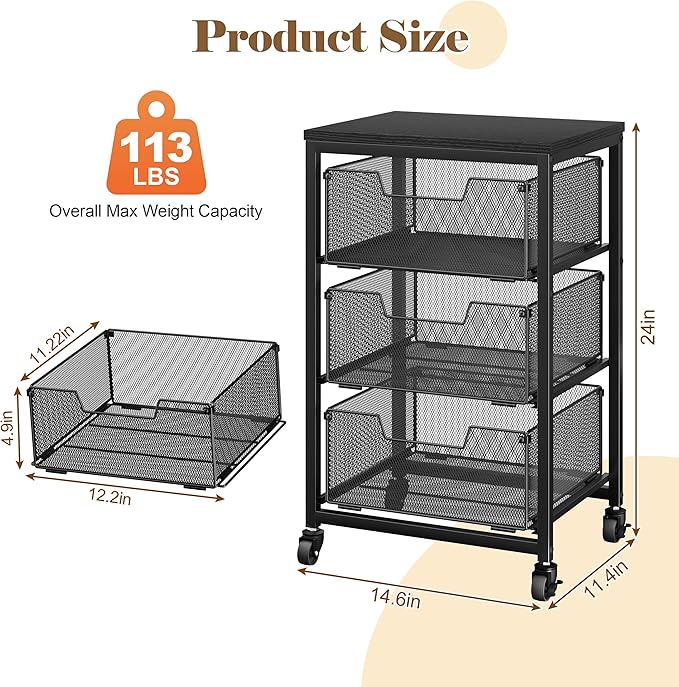 Under Desk Storage Cart with Lockable Wheels, 3-Drawer Rolling Storage Cart, Metal Utility Cart with Drawers for Art, Cart, Classroom, Office, Kitchen, Bedroom, Dorm Storage Under Bed