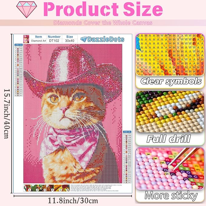 DAZZLEDOTS Cowboy Cat Diamond Art Kits for Adults, Pink Diamond Painting
