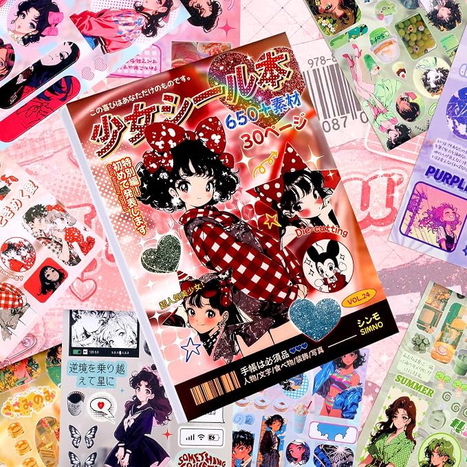 Tmtains 30 Sheets Japanese Manga Style Sticker Book 650+Pcs Heisei Retro Cute Theme Books Style Korean Sticker Aesthetic Japanese Stickers Book for Adults Scrapbooking Notebook Supplies (Girl Journal)
