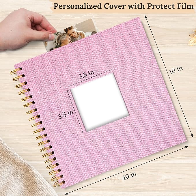 10"x10" Scrapbook Photo Album Linen Cover 20 Sheets 40 Pages White Paper | Pink Hardcover Kraft White Pages Memory Book, for Travel Wedding Guest Book Christmas Baby Shower Fits 4x6 & Instant Photos