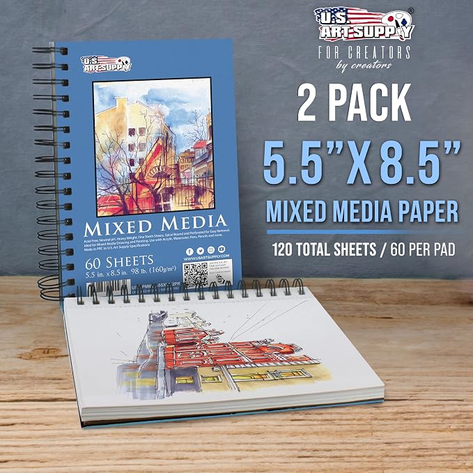 U.S. Art Supply 5.5"x8.5" Mixed Media Sketchbook, 2 Pack (60 Sheets) | (160 gsm) - Spiral-Bound Pad with Perforated Acid-Free Paper - Artist Sketch Book For Drawing, Painting, Watercolor