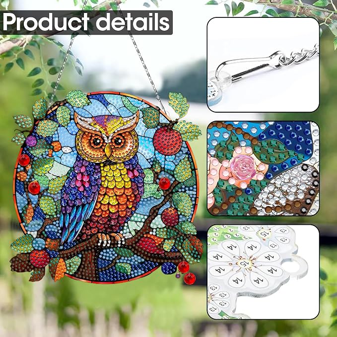 SKRYUIE Owl Hanging Pearl Diamond Art Kits for Adults Suncatcher A50 | Special Shaped Crystal DIY Hanging Diamond Painting Kit, Gift for Mother Spring Summer Window Wreath Decor 7.72 x 7.64 Inch